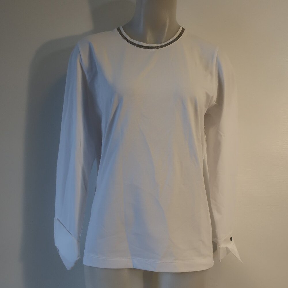 NWT Womens Tonet White Metallic Trim Long Sleeve Crewneck Pullover Tee Top 12